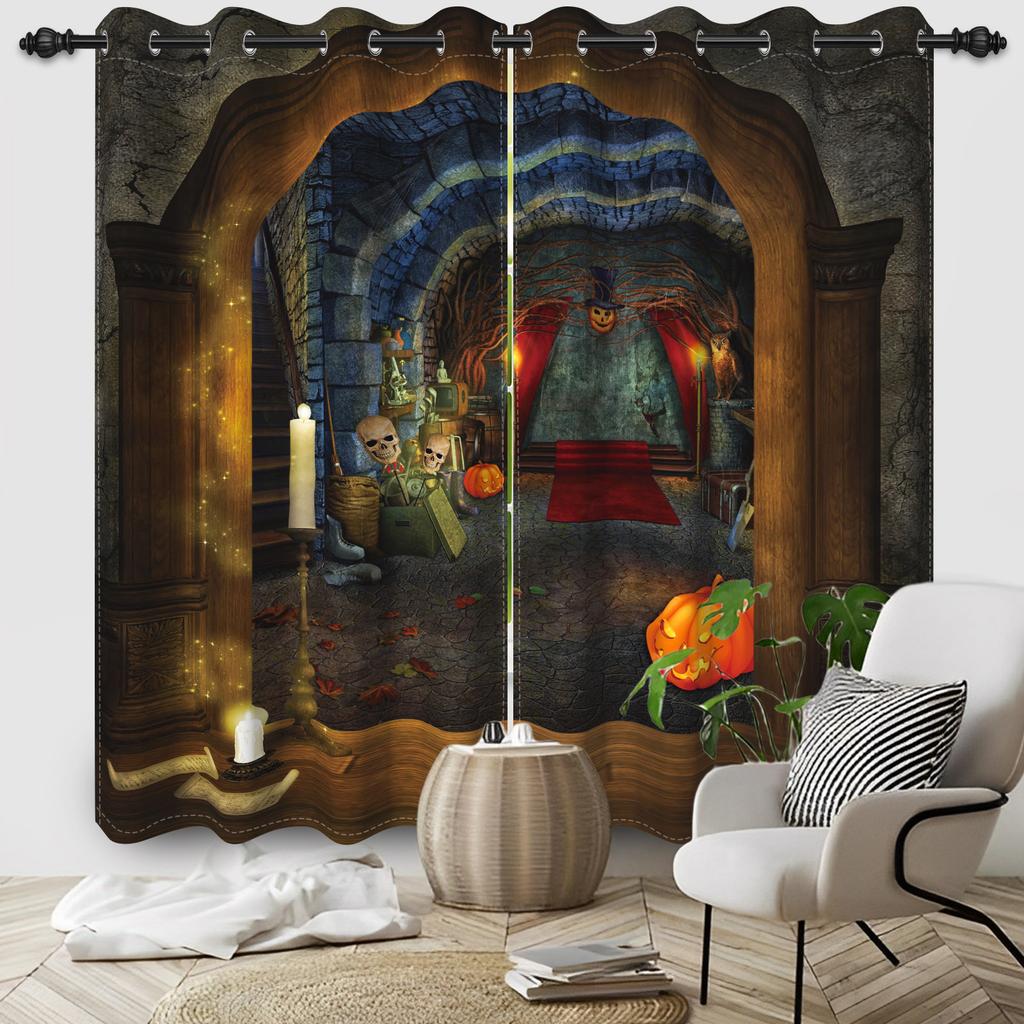 Halloween Castle Blackout Curtains Horror Theme Halloween Eve Home Decor Window Grommet Curtains with Blackout Layer Set of 2