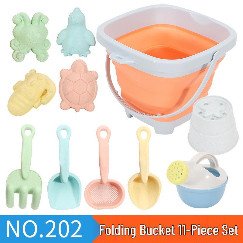 Children's 11-Piece Beach Sand Play Set - Folding Bucket and Shovels