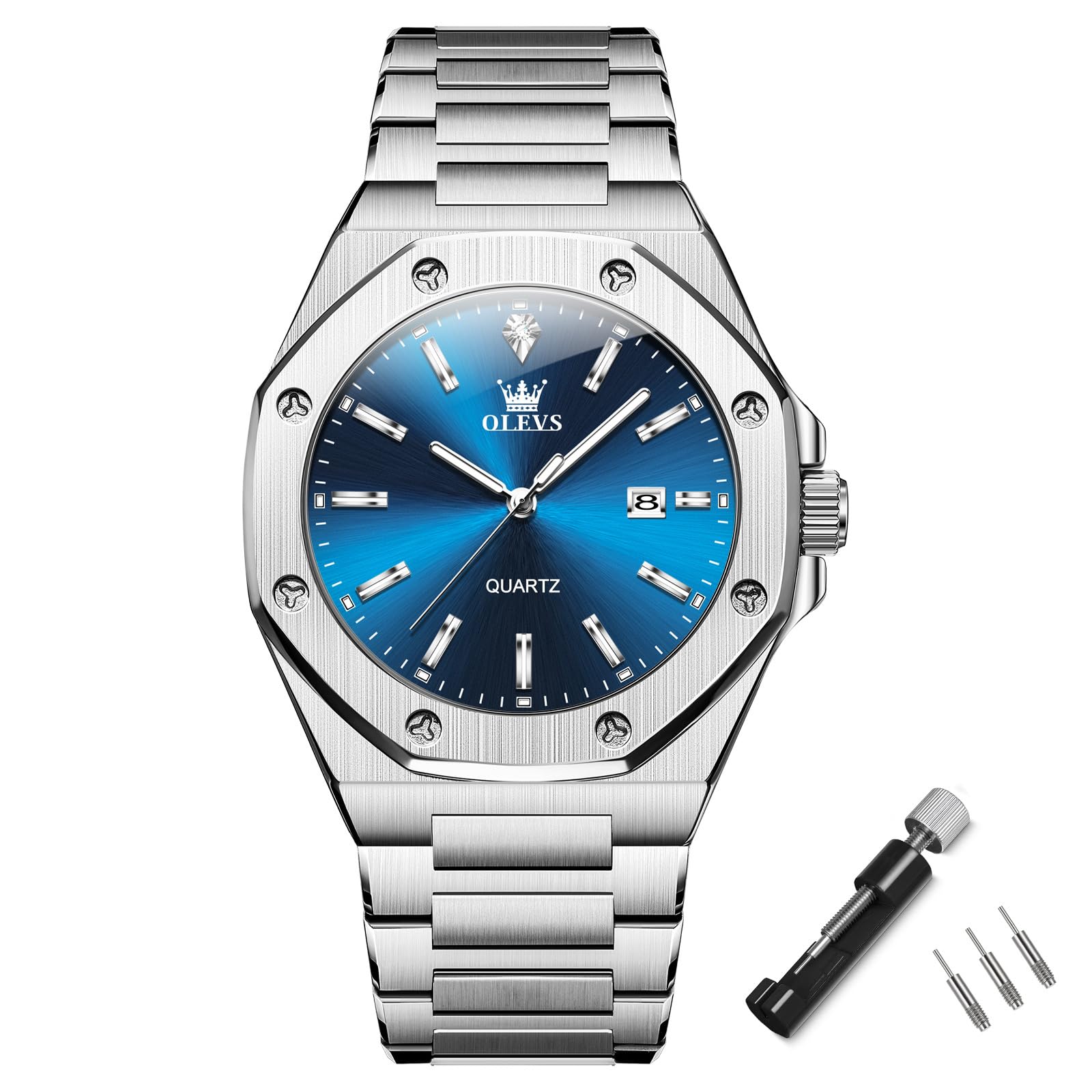 

Octagonal Analog Dress Stainless Olevs Date Large Metal Gift for Blue Men s Watch, Silver, Popular, Waterproof, Quartz, Business, Stylish, Steel,
