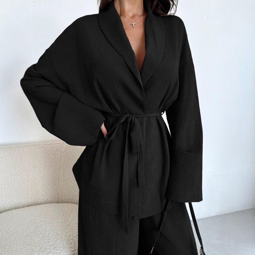 Ensemble Pantalon Jambe Large Élégant à Manches Longues et Col en V pour Femme Automne/Hiver 2025