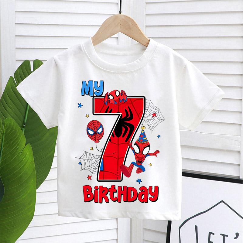 

Футболка для мальчиков Человек-паук Милая с цифрами на день рождения 1-9 лет Аниме с принтом Детская хлопковая футболка Летняя повседневная одежда Подарок 110