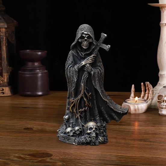 Grim Reaper Statue Halloween Black Horror Robe Sculpture Gothic Resin Santa Muerte Figurine for Halloween Indoor Bookshelf Desk Decor