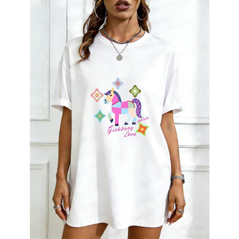

Oversized T-Shirt Black Unicorn Patchwork Print With Stars And Text Giabbuny Paris Love For Casual Wear XXXXL білий