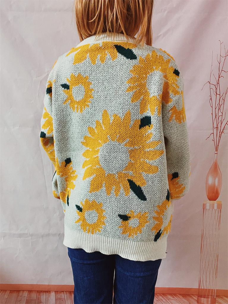 Autumn and winter new top sunflower jacquard round neck long sleeved knitted pullover sweater for women 3589
