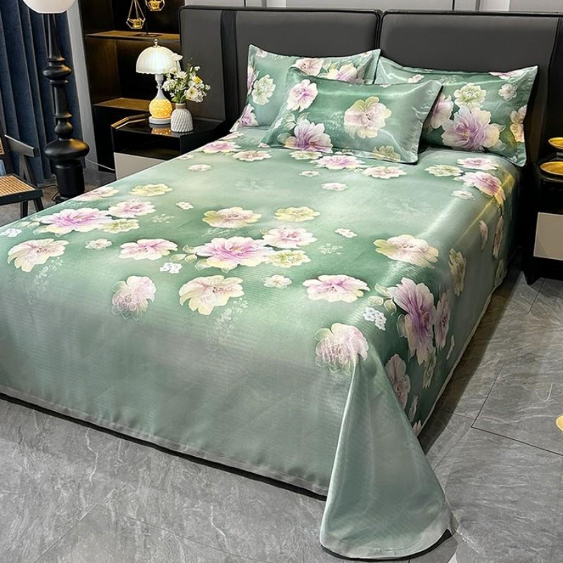 Nordic Style Floral Printed Cooling Mat Set Summer Skin Friendly Ice Silk Bed Sheet Set With Pillowcase Breathable Bed Mattress