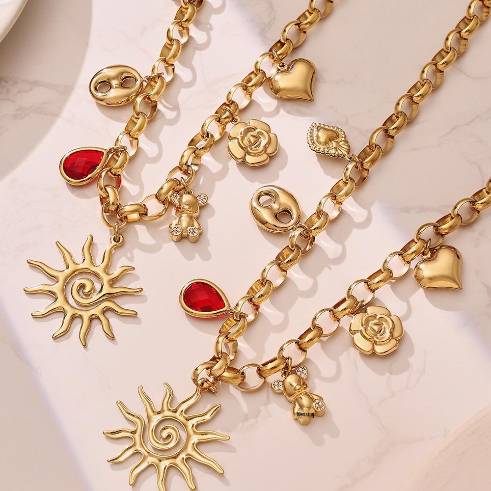 Spiral Sun & Bear Zirconia Multi-Pendant Necklace & Bracelet Set