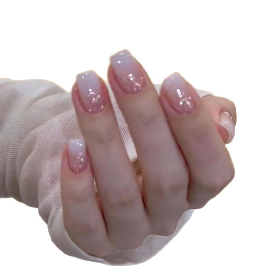 Milky White Gradient Glitter Handmade Short Nails - High-End Versatile Everyday Wear