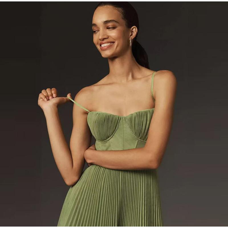 Damen Sexy Trägerloses Ausgeschnittenes A-Linien Langes Kleid Lässig Ärmellos Rückenfrei Reißverschluss Trägerkleid Neu Frühling Sommer Einfarbig Plissierte Kleider