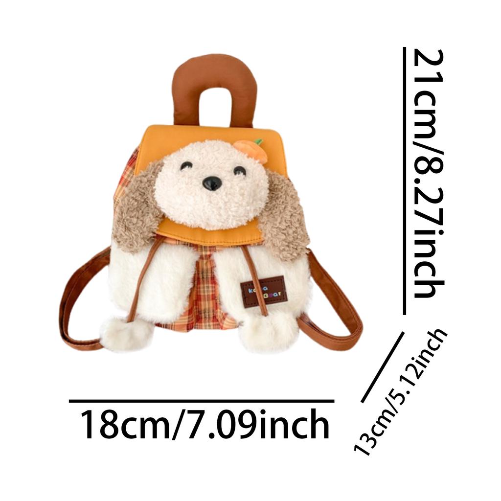Plush Puppy Flap Backpack Drawstring Casual Grid Pattern Backpacks Cartoon Plaid Shoulder Bag Outdoor Travel Date Backpacks