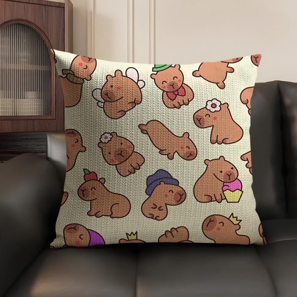 Capybara Cartoon Cute Cushion Cover Natural Linen Organic Fabric DoubleSided Printing Sofa Home Decor Gift Pillow Case