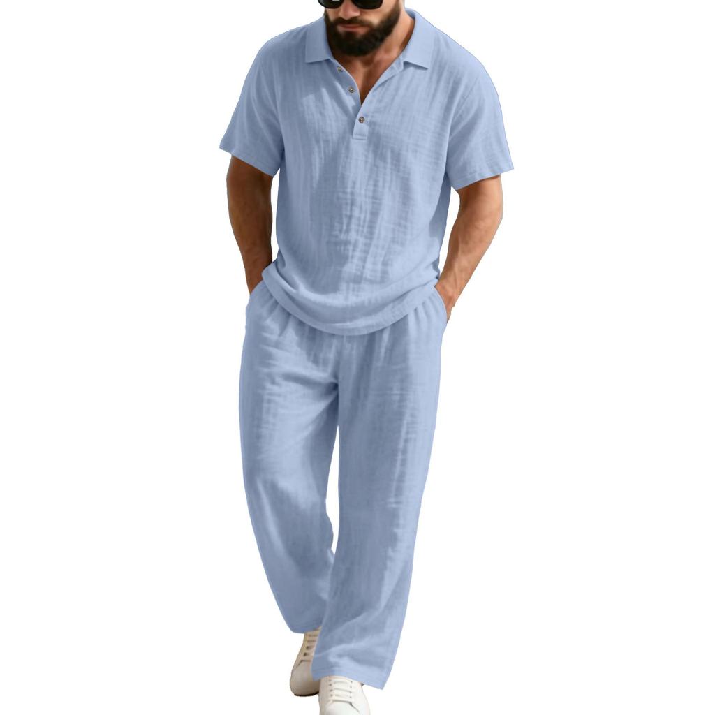 Men's European Summer Linen Polo Shirt & Pants Set - Breathable and Casual Travel Wear