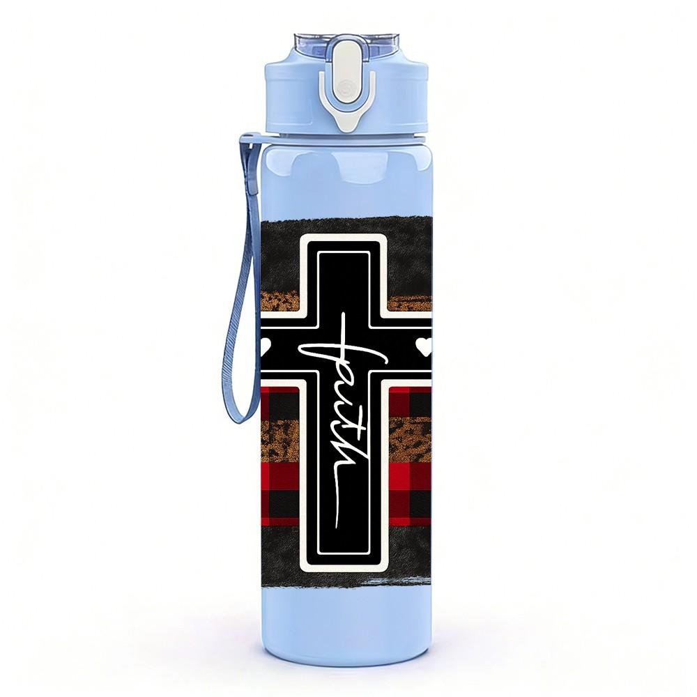 1PC Plaid Cross Religious Print 750ml Color Plastic Sports Water Bottle Leakproof Flip Straw Lid Suitable for Sports Office Home Use