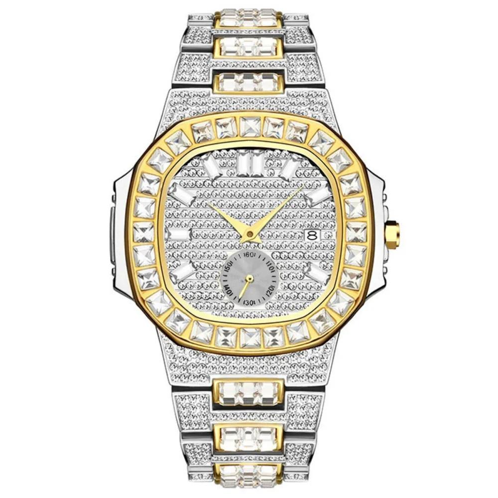 Hip Hop Iced Out Mens Watch Diamond Paved Analog Quartz Watch Waterproof Stainless Steel Luxury Wristwatch