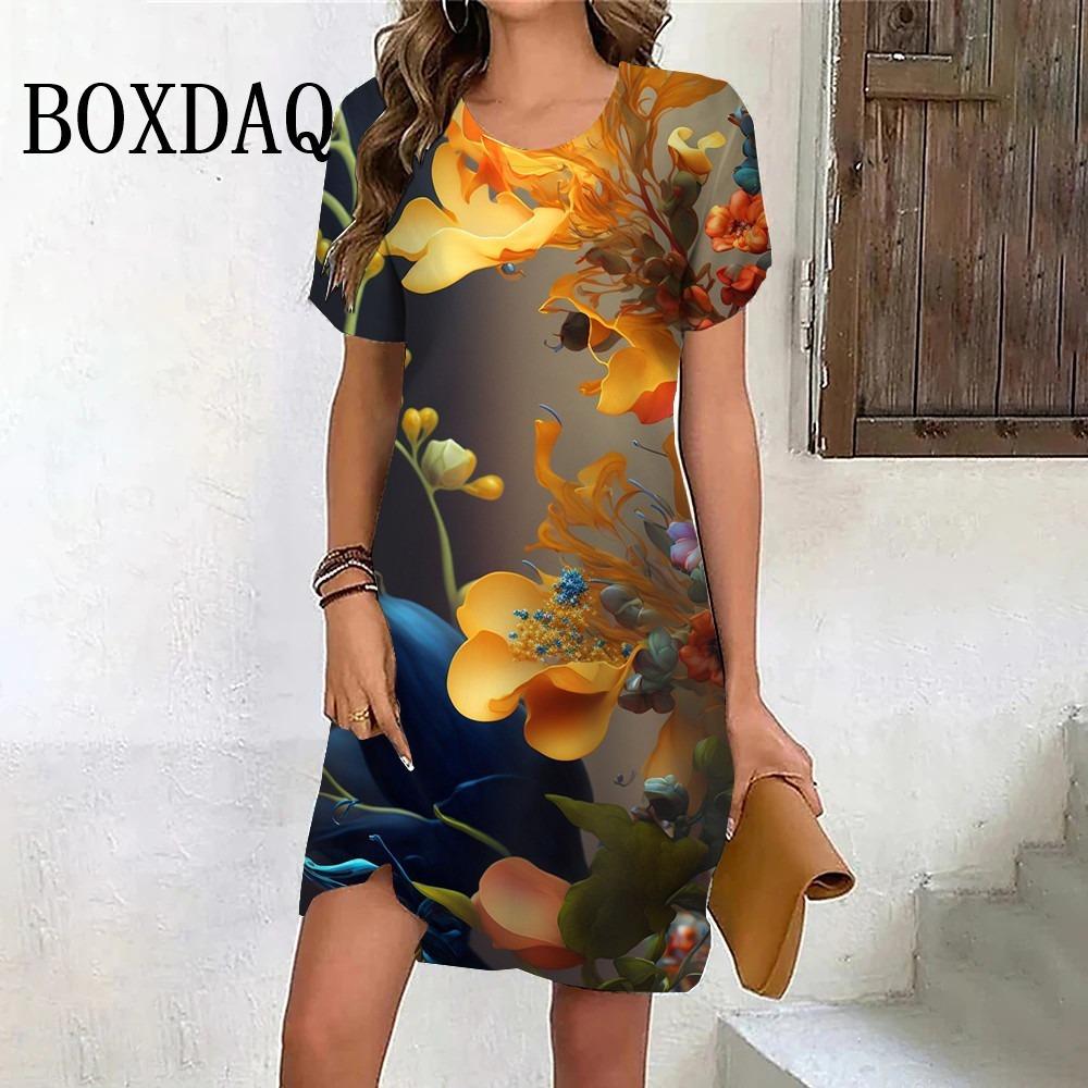 

3D Floral Print Dress Ladies Mini Dress Casual O-neck Short-sleeved Ladies Summer Dress XL