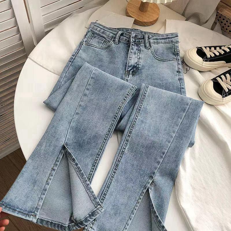 Versatile pants leg slit high waisted elastic Jeans for women, new micro flared wide leg pants for summer