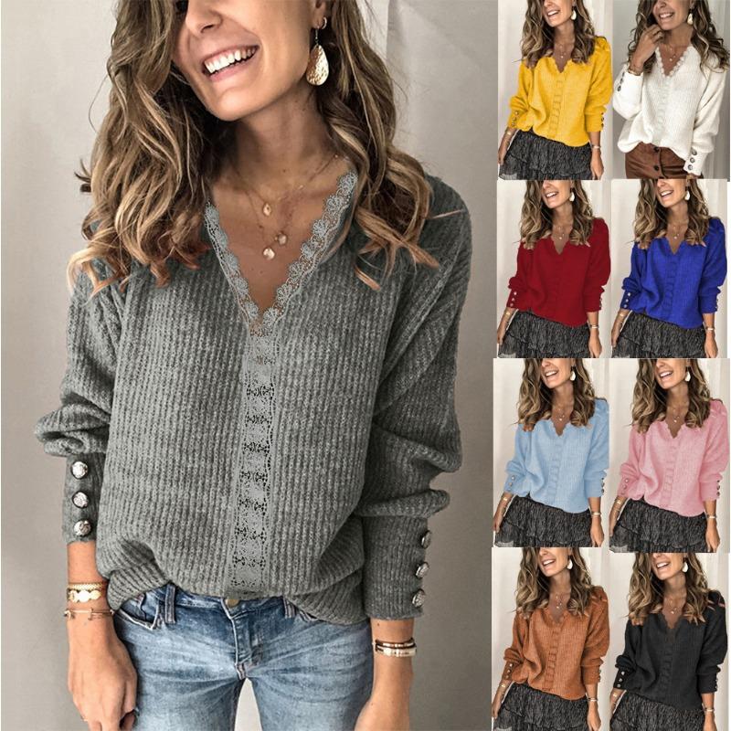 Women S Lace V Neck Pullover Sweater Long Sleeve Solid Color Knitwear