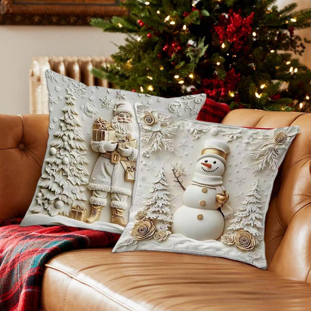 Christmas Themed Cushion Covers 18x18 Inch 4 Pieces Santa Claus Snowman Tree Reindeer Pattern Sofa Cushion Cover For Bedroom