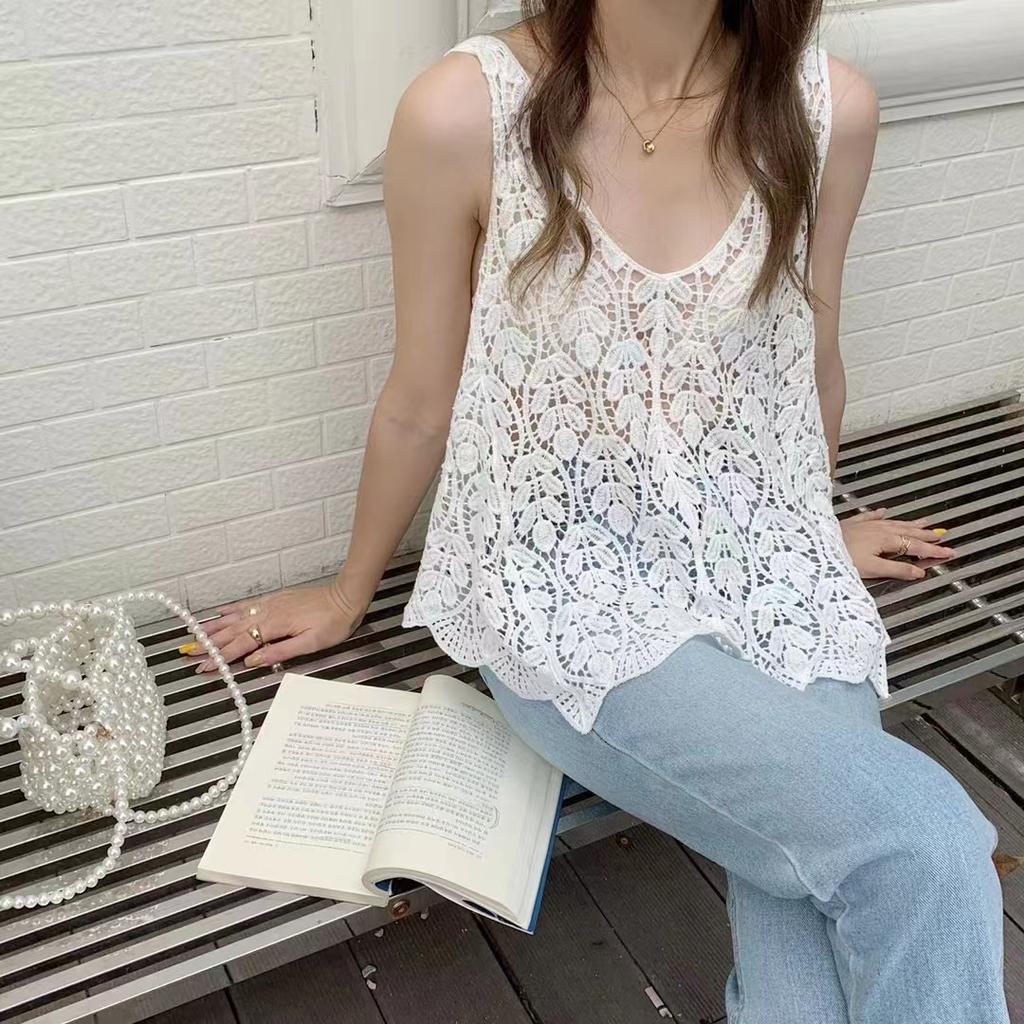 Crochet Lace Tank Top Women Leaf Embroidery Hollow-out Sleeveless Knit Top Cover-up Vacation Bohemian Summer