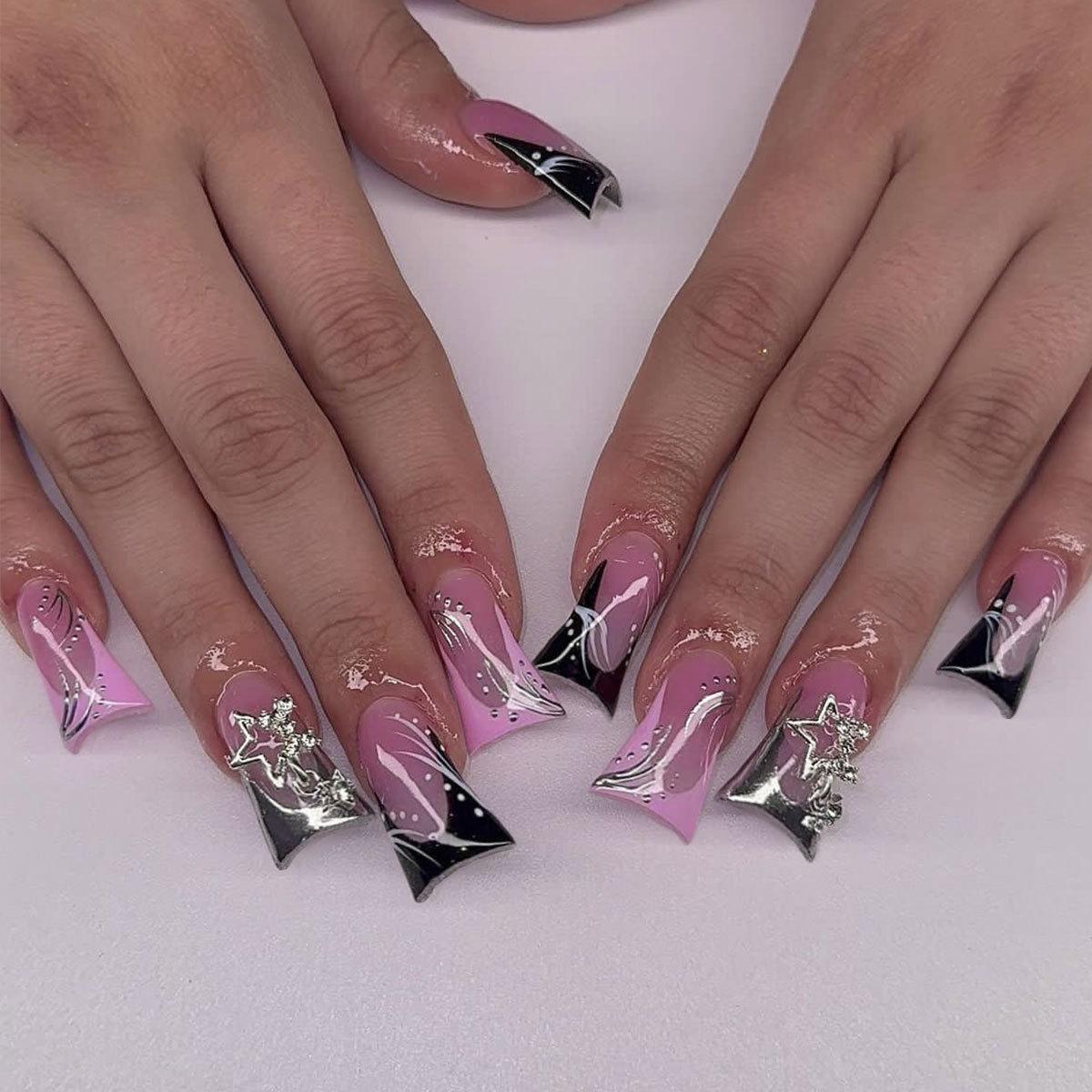 

Cross-Border Duckbill Shape Press-On Nails: French Tip Color Block with Rhinestone Star Pendant, Detachable False Nails