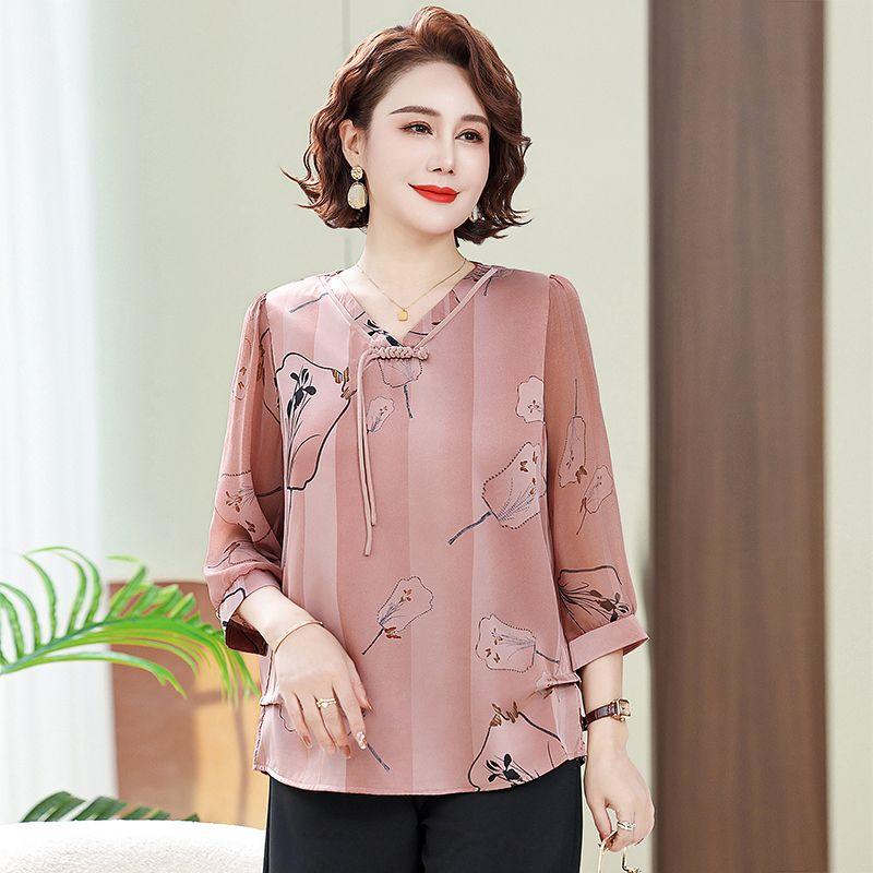 Women's Floral Print Chiffon Blouse V-neck Tie Front 3/4 Sleeve Loose Fit Casual Top for Middle-Aged