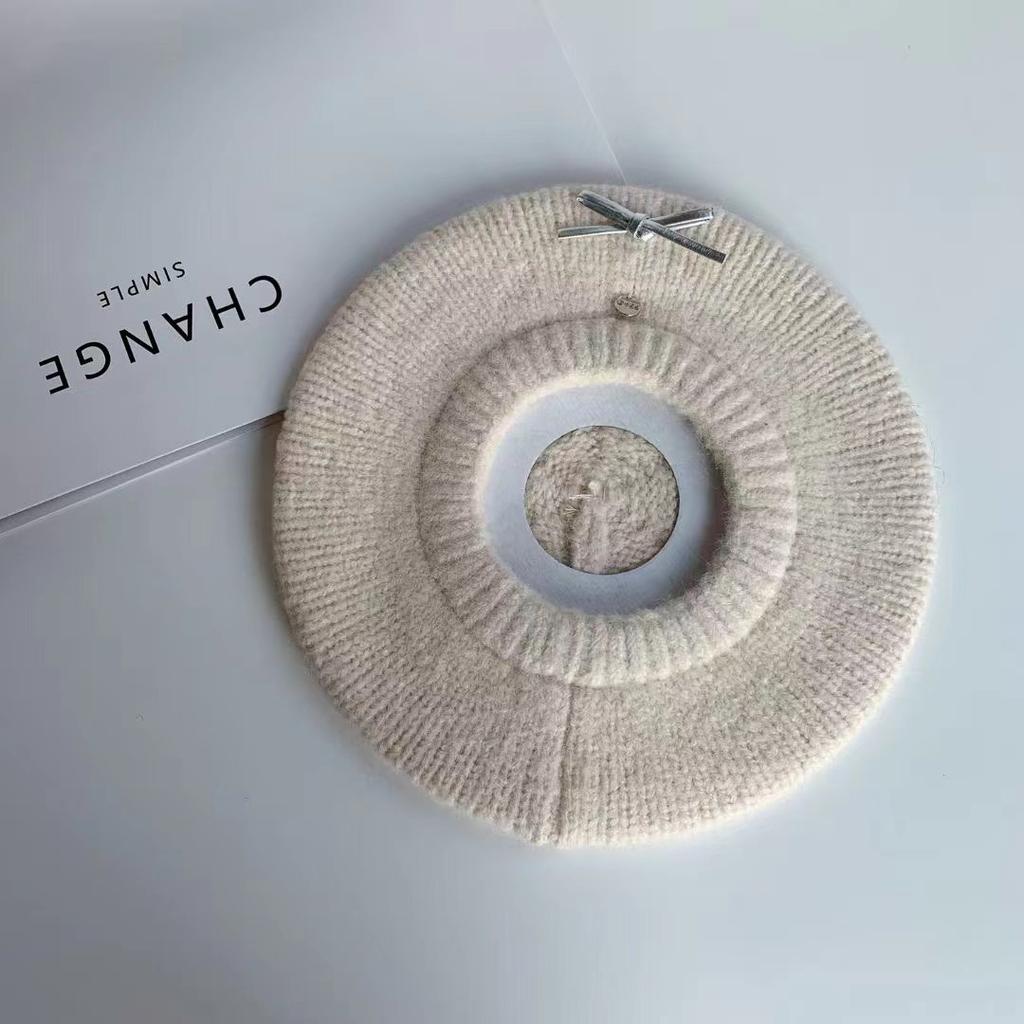 Bow beret women's new autumn and winter face small gray knitted hat warm wool hat versatile