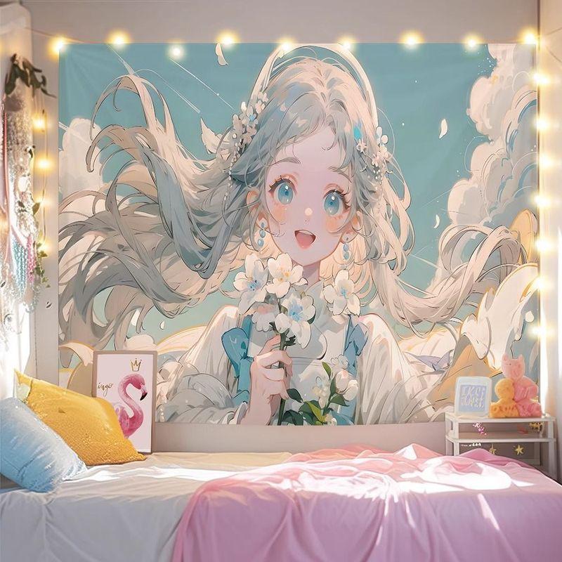 Antique White Tiger Flower Fairy Girl Tapestry Wall Art for Bedroom Living Room Decoration New Chinese Butterfly Anime
