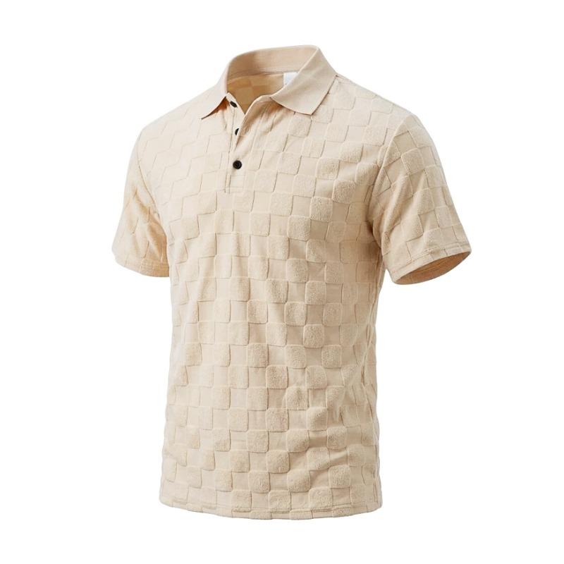 Mens Casual Check Jacquard Short Sleeve Collared Polo Shirt Breathable Loose Summer T-Shirt
