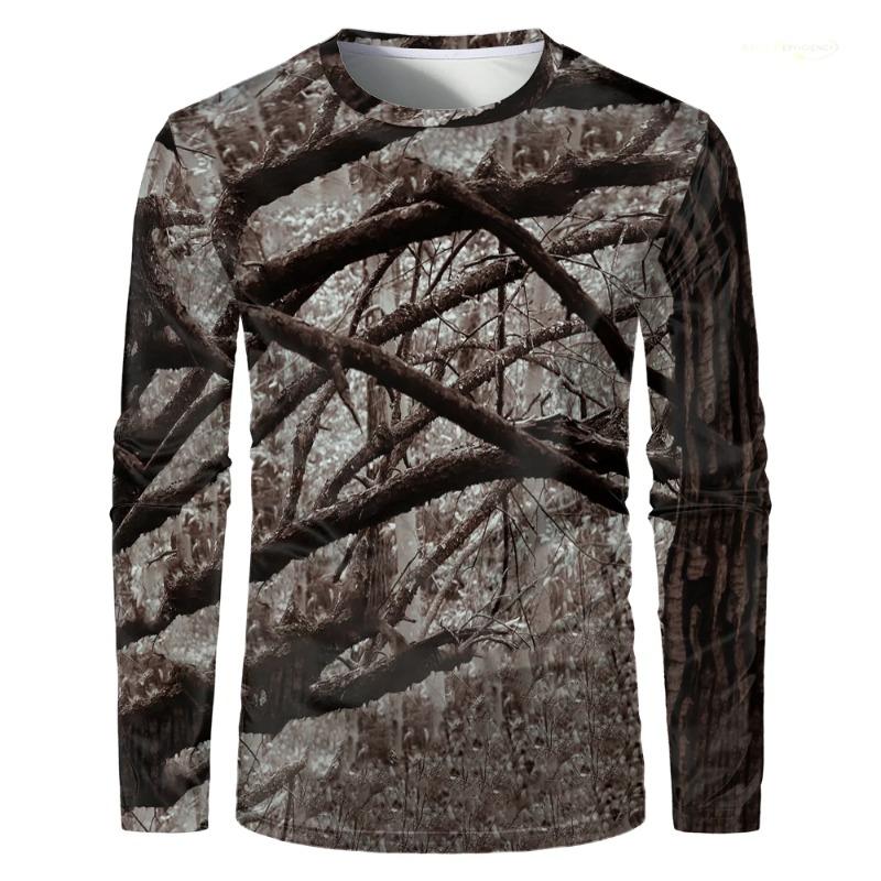 Camouflage Hunting T-Shirt Forest Print Men Outdoor Sports Long Sleeve Trip Tactical Training Oversize Top Mens Clothing