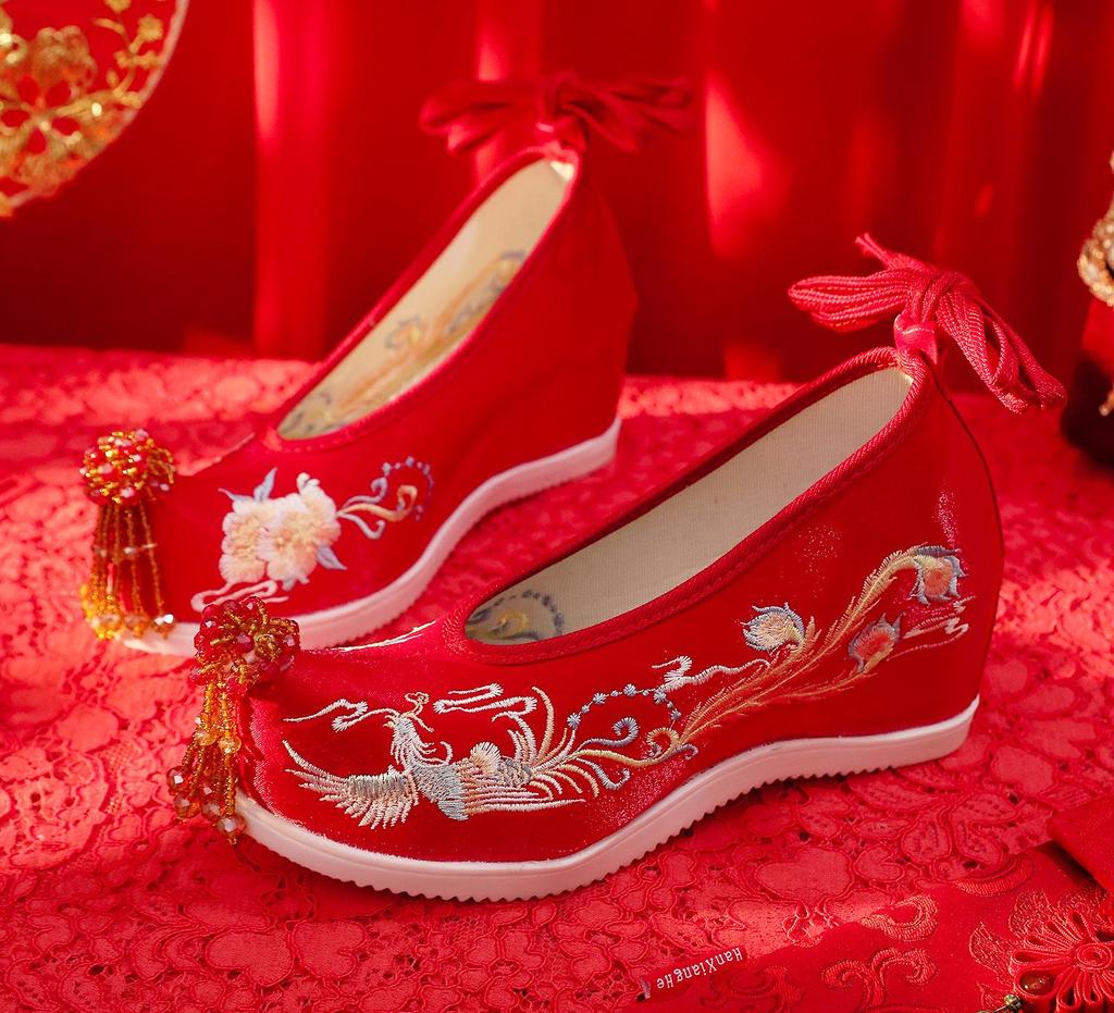 Xiuhua Women's Pearl Tassel High Heels - Ancient Style Pointed Toe Wedding Shoes for Bride, Hanfu Toasting Shoes