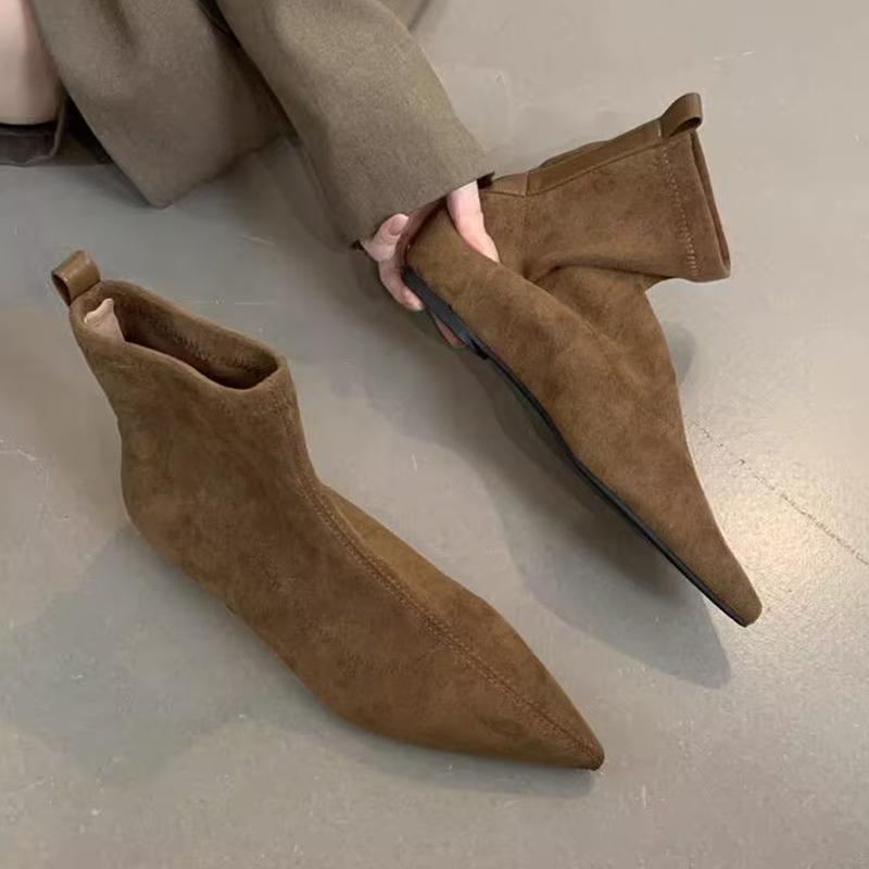 Flats Ankle Boots for Women's Pointed Toe Fashion Shoes Suede Winter Boots Walking Brand Comfort Gothic Mujer Botas