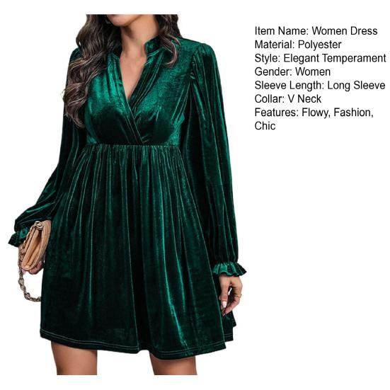 Women's Velvet Long Sleeve Dress Casual Fall Pleated V Neck A Line Flowy Dress Formal Wedding Guest Party Dress