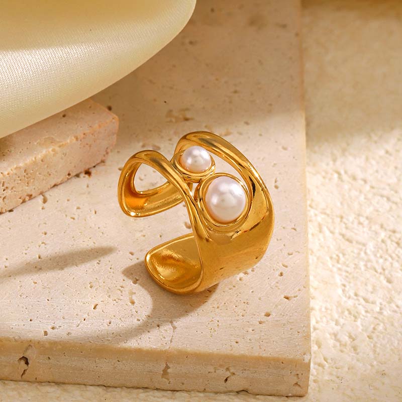 Vintage Stainless Steel Wide Thick Rings for Women Men Classic Imitation Pearl Hollow Opening Rings Charm Banquet Jewelry Gifts
