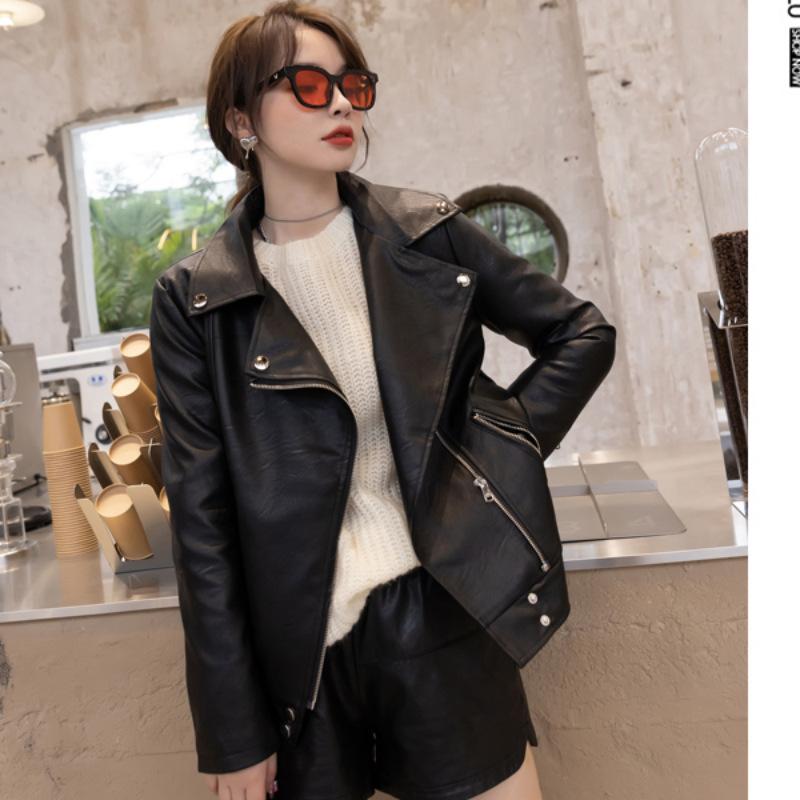 Lederjacke Damen Herbst und Winter neue Hong Kong Stil Lederjacke lose Motorrad vielseitig PU Leder hübsches Top trendy