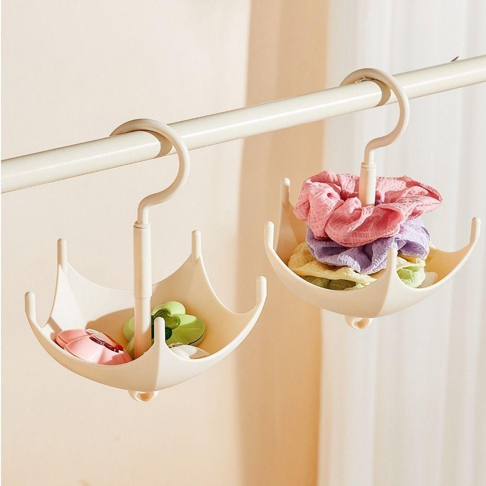 2Pcs Plastic Dopamine Umbrella Shape Hooks Punch Free Rotatable Scarf Storage Rack Space Saving 5 Claw Belt Organizer for Home