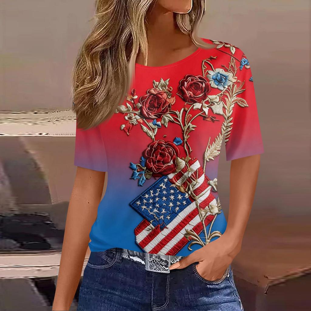 Women's Fashionable Casual Short Sleeve Print Round Neck Pullover Top