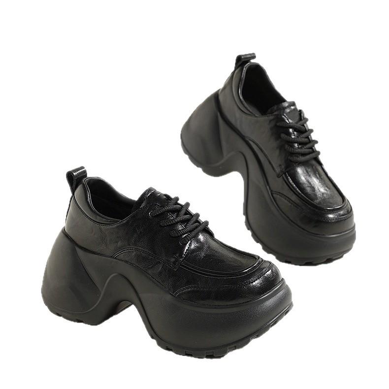 Thick-soled Black Small Leather Shoes, New British Style Retro Round Head Heightening Lace-up Single Shoes In Spring and Autumn