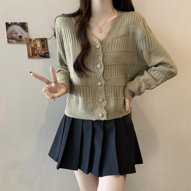 

Autumn new sweater jacket solid color women s thin collar pit strip knitted cardigan top women One Size хаки