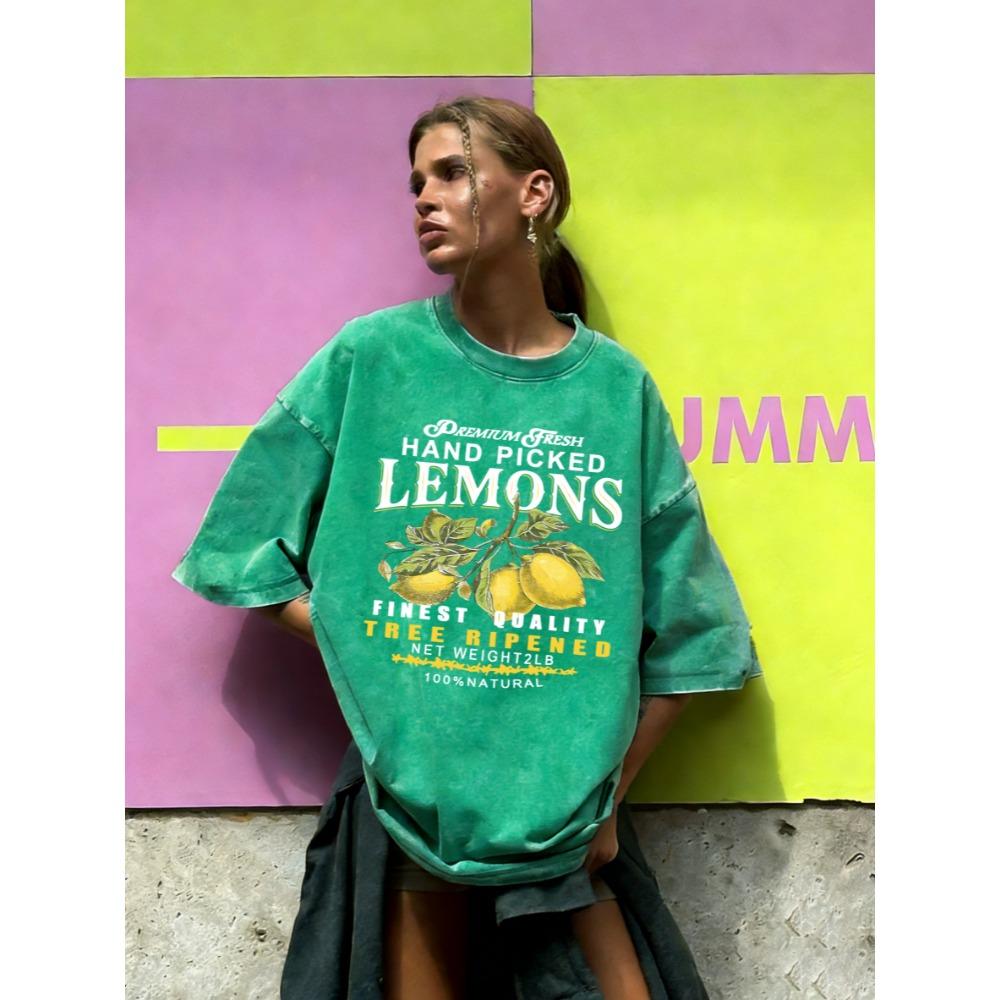 Fresh Hand Picked Lemons Print Washed T-Shirt Women Summer Casual T Shirt Cotton Loose Short Sleeve O-Neck Clothes