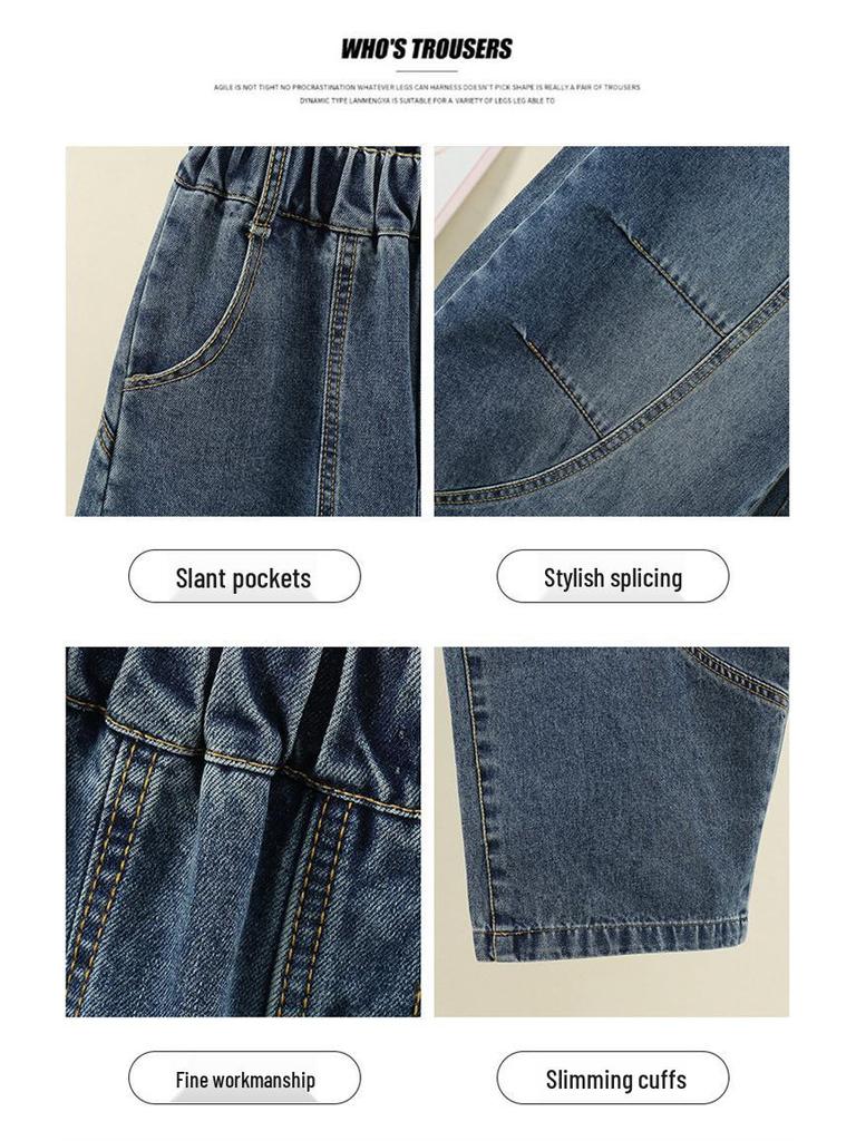 Autumn 2025 Girls' Wide-Leg Scimitar Jeans - Casual Long Pants for Kids