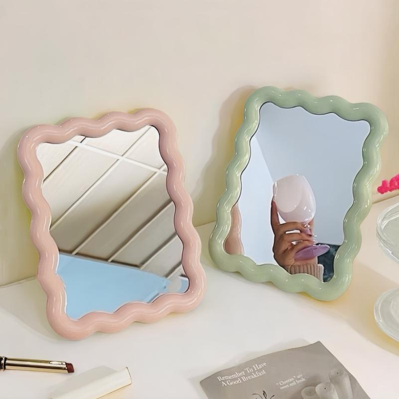 Specchio da Trucco da Tavolo Ondulato Tinta Unita Semplice Portatile Portatile Pieghevole Studente Compatto Carino
