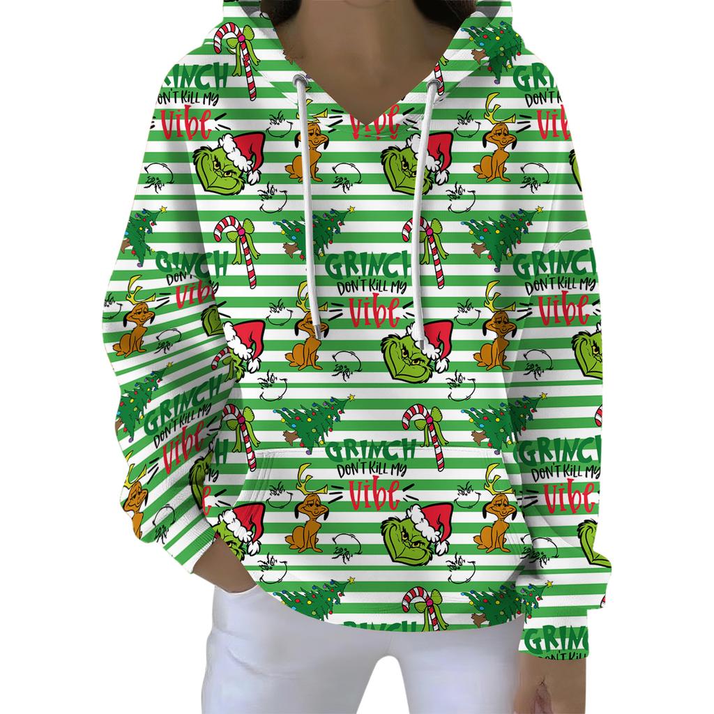 Ladies' Loose And Comfortable Drawstring V-neck Long Sleeved Christmas Printed Sweatshirt