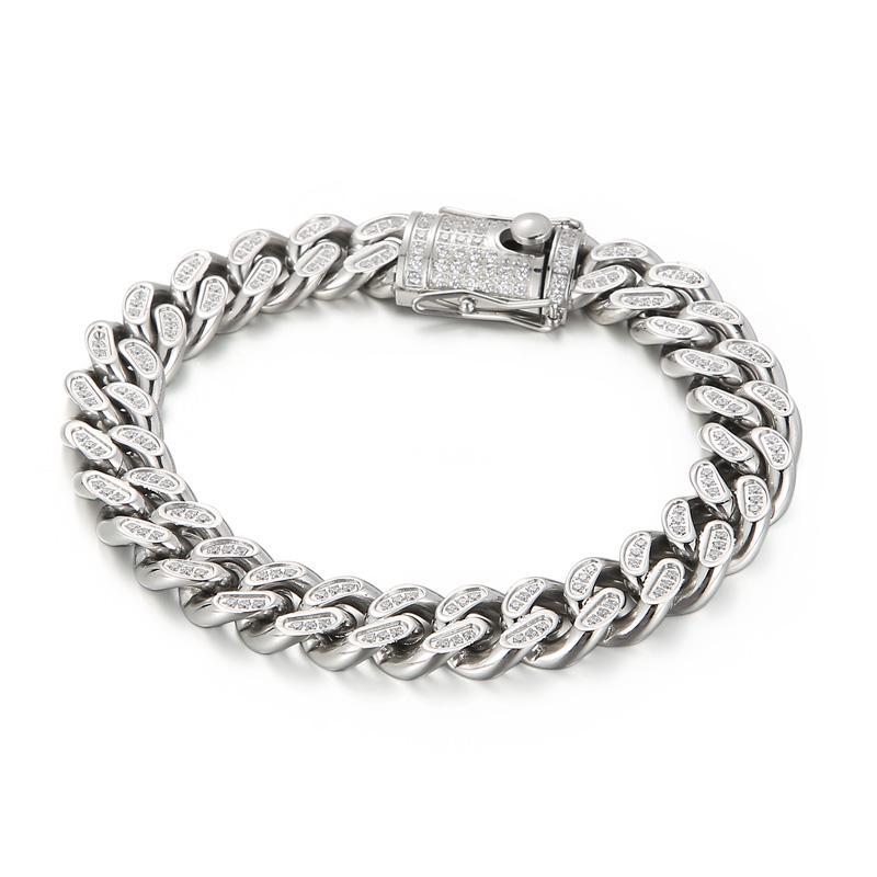 KALEN 12mm CNC Rhinestone Cuban Chain Bracelet for Men Hip Hop Rock Vintage Stainless Steel Jewelry Charm Bracelet Shiny GIft 22cm