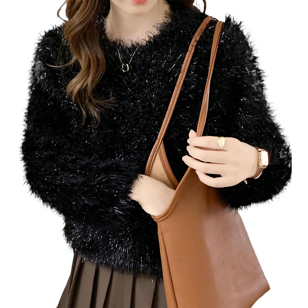 Fashionable Crew Neck Bling Bling Pullover Sweater Top That Can Be Worn In and [RAREWAY] Women's Sweater, Long-sleeved Knit, Bling, Eye-catching