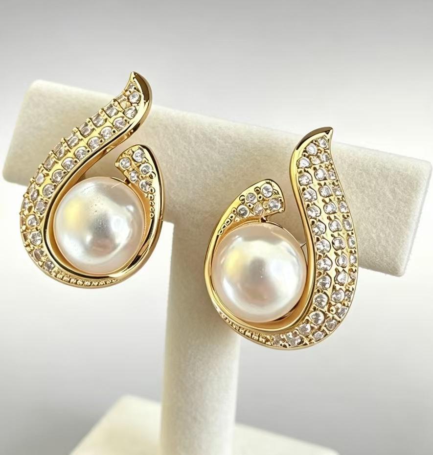 Light luxury full diamond flame pearl earrings women's new retro celebrity earrings versatile stud earrings