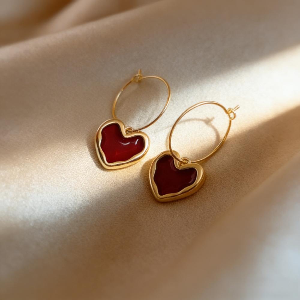 Simple Elegant Trendy Deep Wine Red Heart-shaped Earrings Women Elegant Retro Stylish Ear Jewelry Party Carnival Holiday Gift
