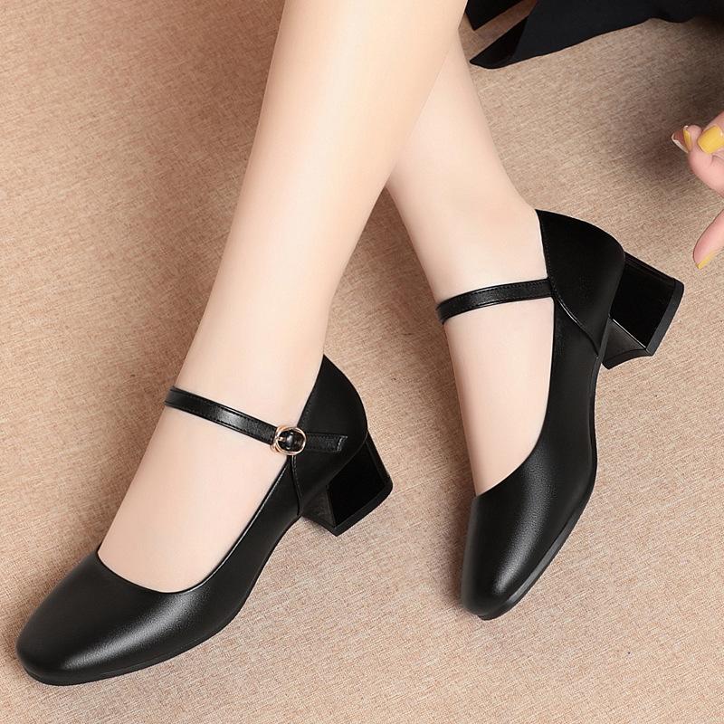 One-Line Button Work Shoes Black Workwear Upper Interview Commuter Single Shoes Thick Heel Women's Leather Shoes Comfortable