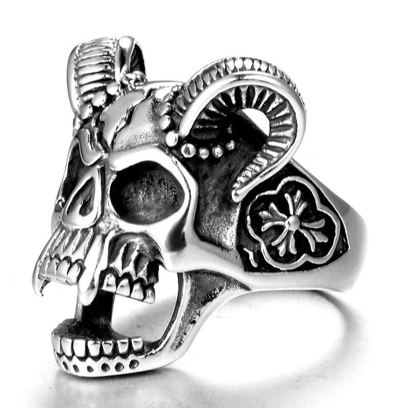 [Vintage Skull Ring With Goat Head Design Hip Hop Men Jewelry Trendy Demon Band] Adjustable opening
