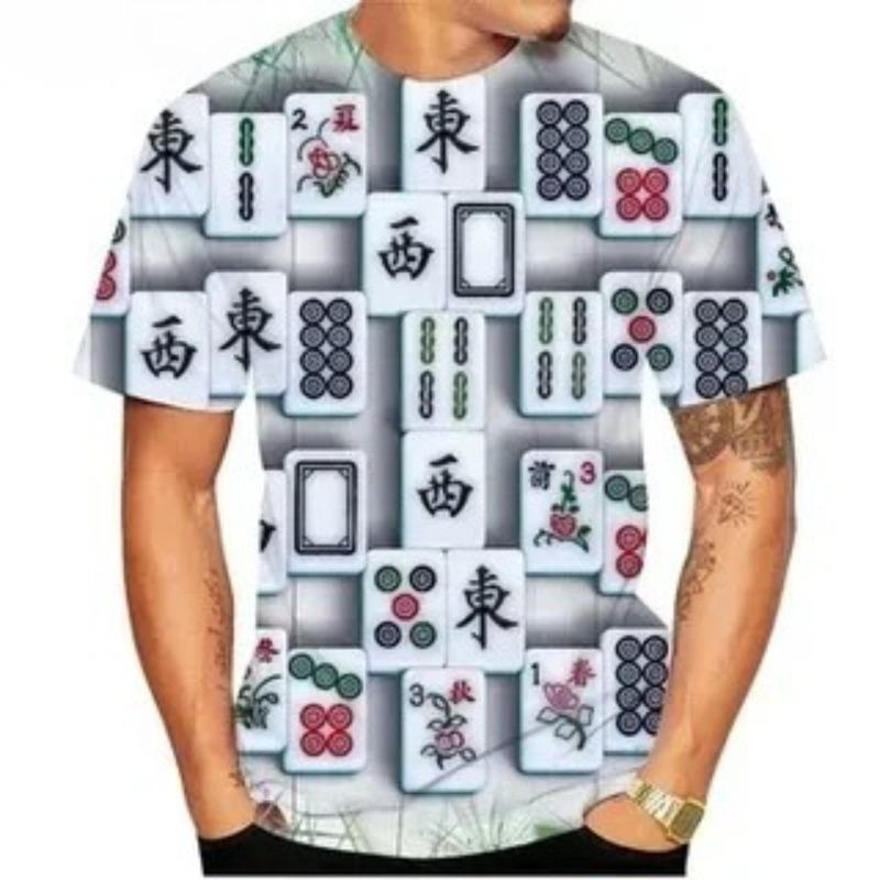 HerSight Nieuw Heren Comfortabel Leuk Creatief Korte Mouwen Zomer Mode Mahjong 3D Geprint Casual Ronde Hals T-shirt M