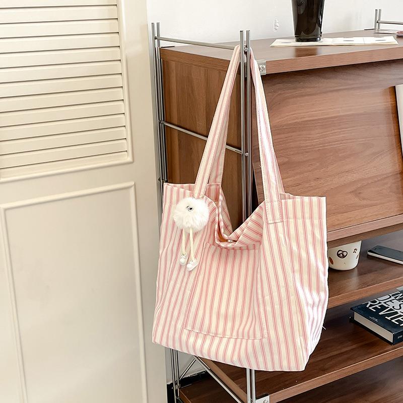 Striped Canvas Bag Women's Large-capacity Summer New Casual Shoulder Bag College Student Class Tote Bag
