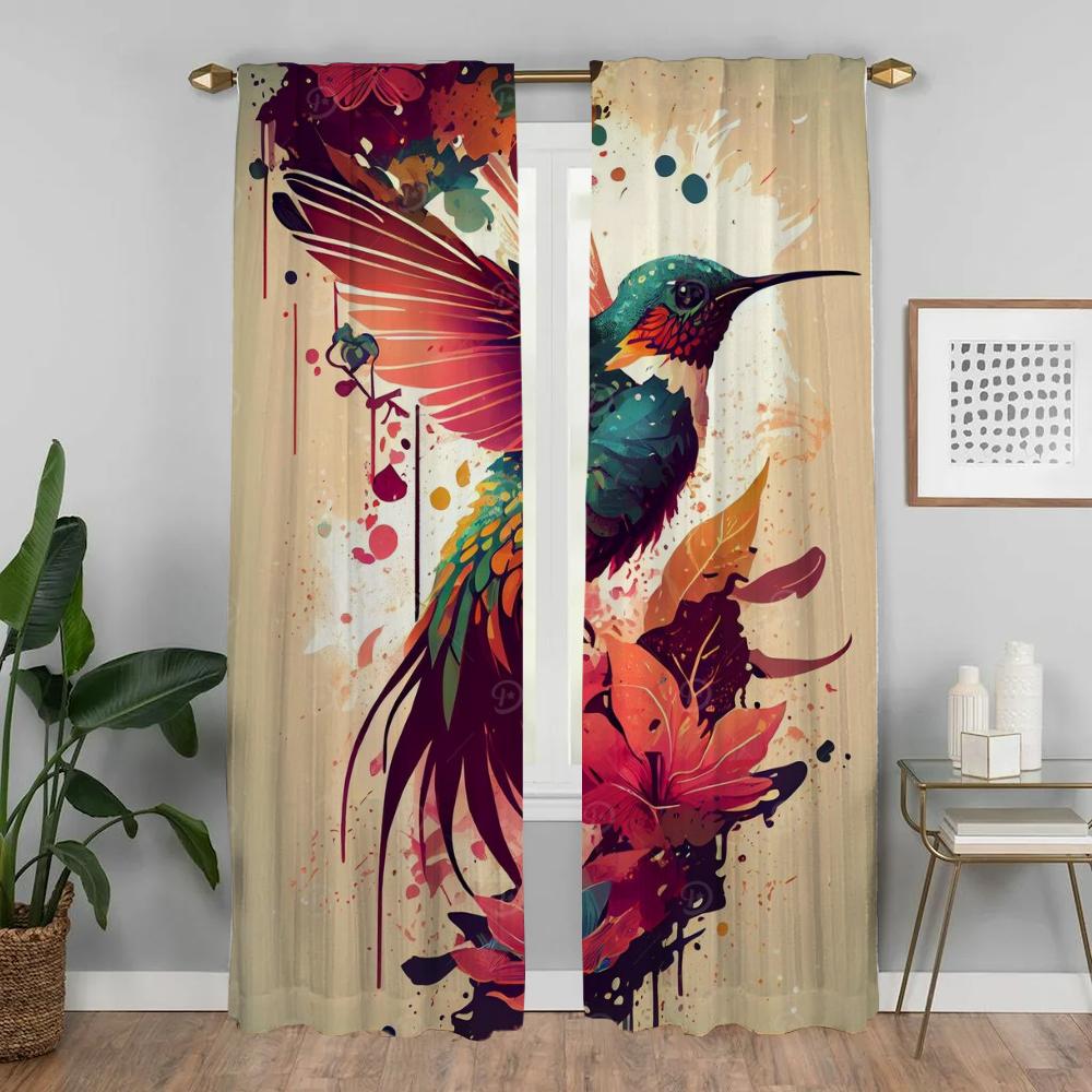 Set Of 2 Kitchen Curtains Camera Hummingbird Birds Living Room Partition Halloween Decoration Window Curtain Modern Made Polyester Sitting Treatment